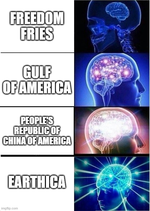 Does the Gulf of America allow access to the Mall of America? | FREEDOM FRIES; GULF OF AMERICA; PEOPLE'S REPUBLIC OF CHINA OF AMERICA; EARTHICA | image tagged in memes,expanding brain,freedom fries,gulf of america | made w/ Imgflip meme maker