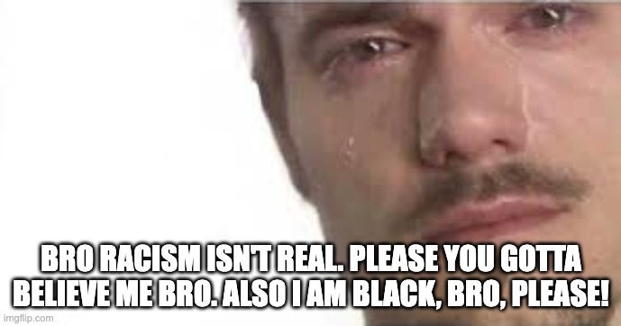 Crying Bro | BRO RACISM ISN'T REAL. PLEASE YOU GOTTA BELIEVE ME BRO. ALSO I AM BLACK, BRO, PLEASE! | image tagged in crying bro | made w/ Imgflip meme maker