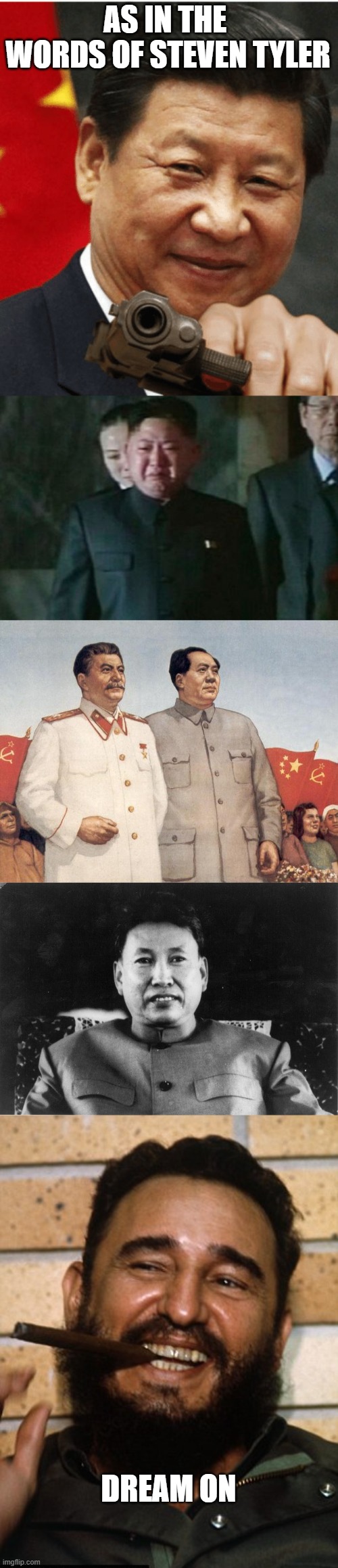 AS IN THE  WORDS OF STEVEN TYLER DREAM ON | image tagged in xi jinping,memes,kim jong un sad,stalin and mao,pol pot love,fidel castro | made w/ Imgflip meme maker