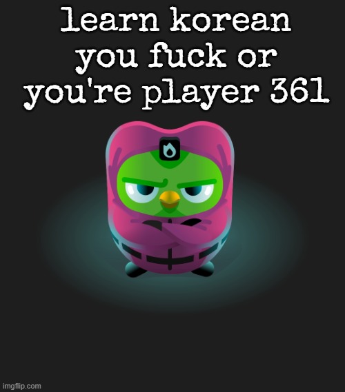 Squid Game Duolingo | learn korean you fuck or you're player 361 | image tagged in squid game duolingo | made w/ Imgflip meme maker