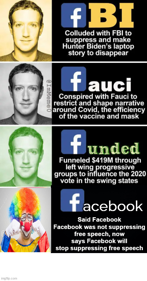 If Kamala was in charge, you can bet it’d be business as usual...  more censorship | acebook; Said Facebook Facebook was not suppressing free speech, now says Facebook will stop suppressing free speech | image tagged in clown putting on makeup,mark zuckerberg,making censorship less obvious | made w/ Imgflip meme maker