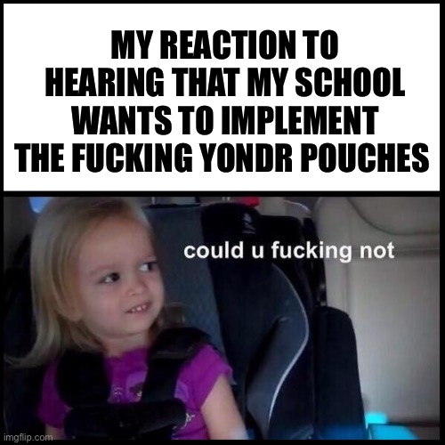 Side-eyeing Chloe | MY REACTION TO HEARING THAT MY SCHOOL WANTS TO IMPLEMENT THE FUCKING YONDR POUCHES | image tagged in side-eyeing chloe | made w/ Imgflip meme maker