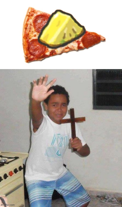 Italians when they see pineapple on pizza | image tagged in kid with cross,italians,memes | made w/ Imgflip meme maker