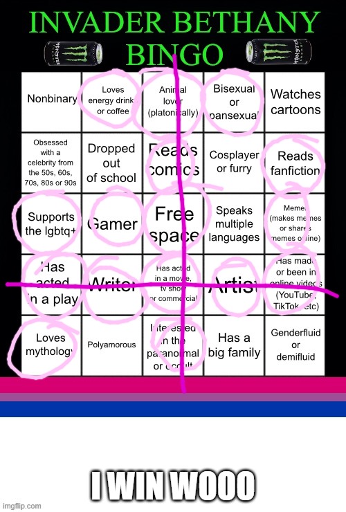 WOOOO- | I WIN WOOO | image tagged in invaderbethany bingo | made w/ Imgflip meme maker