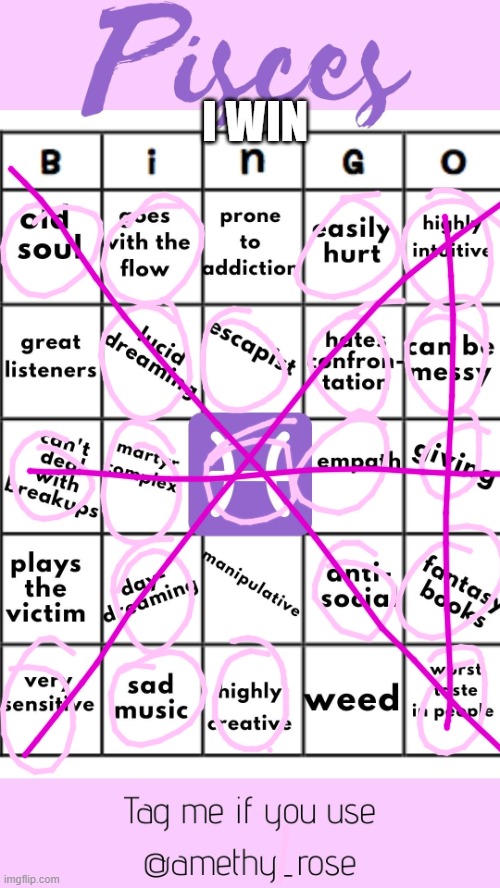 Pisces Bingo. | I WIN | image tagged in pisces bingo,zodiac signs,zodiac | made w/ Imgflip meme maker