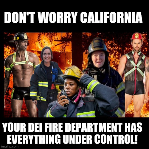 DEI Hires | DON'T WORRY CALIFORNIA; YOUR DEI FIRE DEPARTMENT HAS
EVERYTHING UNDER CONTROL! | image tagged in california fires,diversity,politics,liberal logic | made w/ Imgflip meme maker