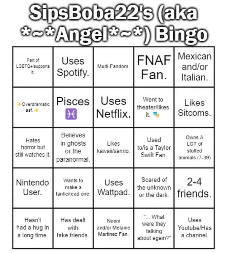 SipsBoba22 (aka Angel)'s Bingo Card Blank Meme Template