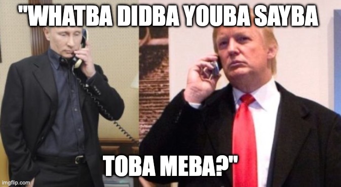 Trump Putin phone call | "WHATBA DIDBA YOUBA SAYBA; TOBA MEBA?" | image tagged in trump putin phone call | made w/ Imgflip meme maker