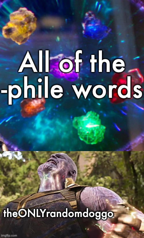 Thanos Infinity Stones | All of the -phile words; theONLYrandomdoggo | image tagged in thanos infinity stones | made w/ Imgflip meme maker