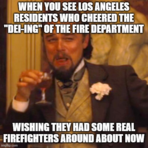 Embers coming home to roost | WHEN YOU SEE LOS ANGELES RESIDENTS WHO CHEERED THE "DEI-ING" OF THE FIRE DEPARTMENT; WISHING THEY HAD SOME REAL FIREFIGHTERS AROUND ABOUT NOW | image tagged in memes,laughing leo | made w/ Imgflip meme maker