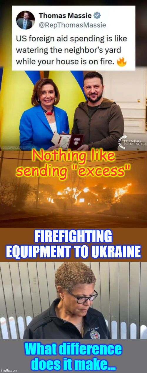 Newsom and Bass need to resign | Nothing like sending "excess"; FIREFIGHTING EQUIPMENT TO UKRAINE; What difference does it make... | image tagged in democrat,mismanagement | made w/ Imgflip meme maker