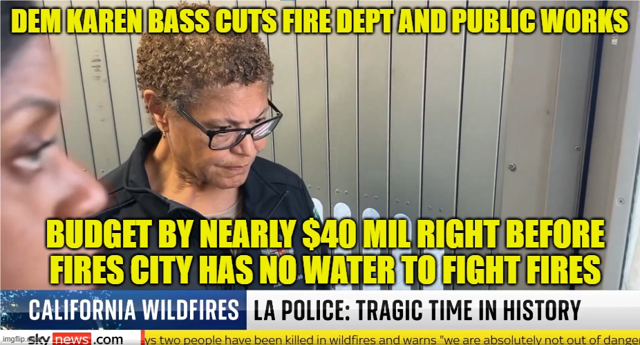 Was in africa when this unfolded! She should go back! | DEM KAREN BASS CUTS FIRE DEPT AND PUBLIC WORKS; BUDGET BY NEARLY $40 MIL RIGHT BEFORE FIRES CITY HAS NO WATER TO FIGHT FIRES | image tagged in bass,california,california fires,africa,mayor,democrats | made w/ Imgflip meme maker