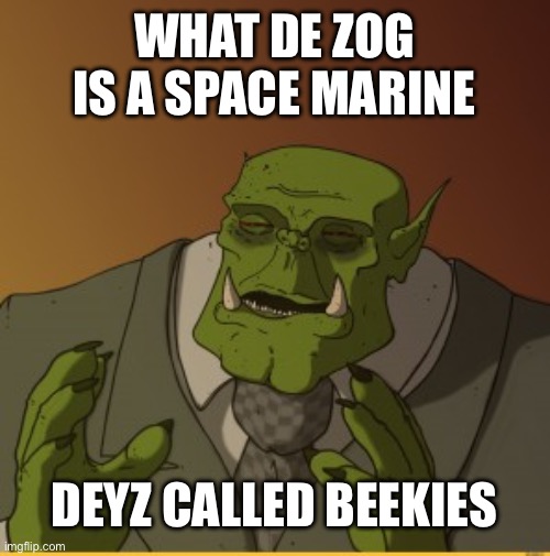 Orks when Warboss Grimskull talks in SM1 | WHAT DE ZOG IS A SPACE MARINE; DEYZ CALLED BEEKIES | image tagged in ork meme | made w/ Imgflip meme maker