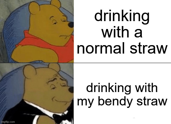 Tuxedo Winnie The Pooh | drinking with a normal straw; drinking with my bendy straw | image tagged in memes,tuxedo winnie the pooh | made w/ Imgflip meme maker