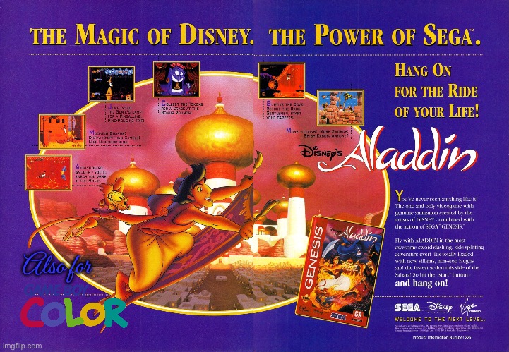 Aladdin Print Ad for Genesis and *GBC | Also for | image tagged in sega,nintendo,disney,aladdin,video games,videogames | made w/ Imgflip meme maker