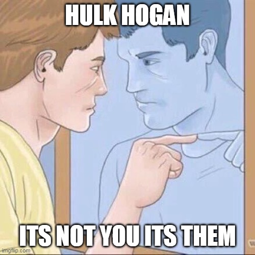 its not you its them | HULK HOGAN; ITS NOT YOU ITS THEM | image tagged in pointing mirror guy,hulk hogan,racist,wwe,funny,anti union | made w/ Imgflip meme maker