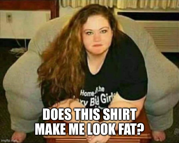 Big girl | DOES THIS SHIRT MAKE ME LOOK FAT? | image tagged in big girl | made w/ Imgflip meme maker