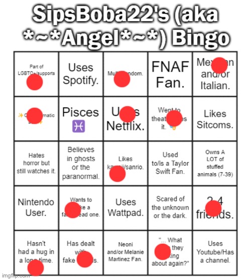 SipsBoba22 (aka Angel)'s Bingo Card | image tagged in sipsboba22 aka angel 's bingo card | made w/ Imgflip meme maker