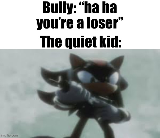 Never bully the quiet kid | Bully: “ha ha you’re a loser”; The quiet kid: | image tagged in shadow the hedgehog with a gun,funny,bullying | made w/ Imgflip meme maker