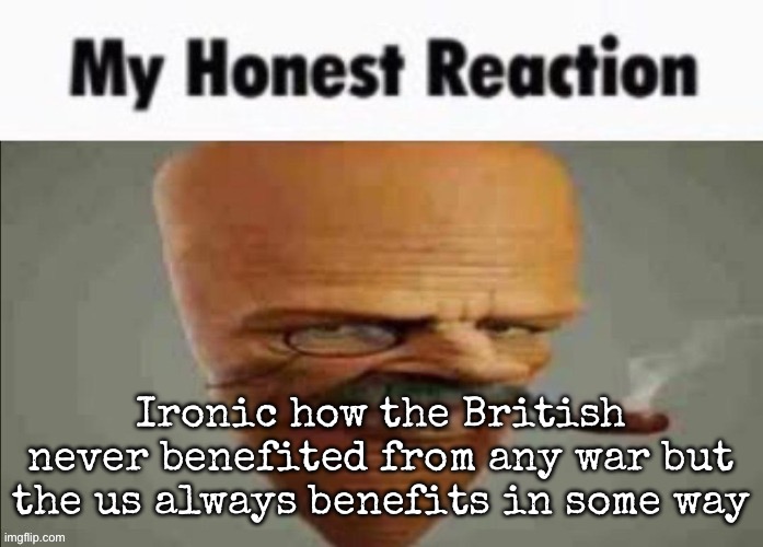 And no, this is not fucking American propaganda | Ironic how the British never benefited from any war but the us always benefits in some way | image tagged in my honest reaction,msmg | made w/ Imgflip meme maker