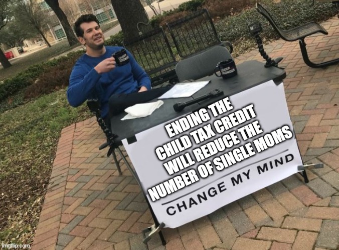 ending the child tax credit will reduce the number of single moms | ENDING THE CHILD TAX CREDIT WILL REDUCE THE NUMBER OF SINGLE MOMS | image tagged in change my mind crowder,single mom,child tax credit,taxes,politics,family | made w/ Imgflip meme maker