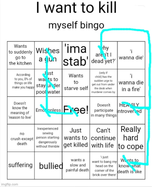 @emos | image tagged in i want to kill myself bingo | made w/ Imgflip meme maker
