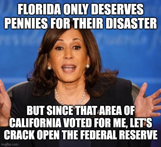 Kamala Harris | FLORIDA ONLY DESERVES PENNIES FOR THEIR DISASTER; BUT SINCE THAT AREA OF CALIFORNIA VOTED FOR ME, LET'S CRACK OPEN THE FEDERAL RESERVE | image tagged in kamala harris | made w/ Imgflip meme maker