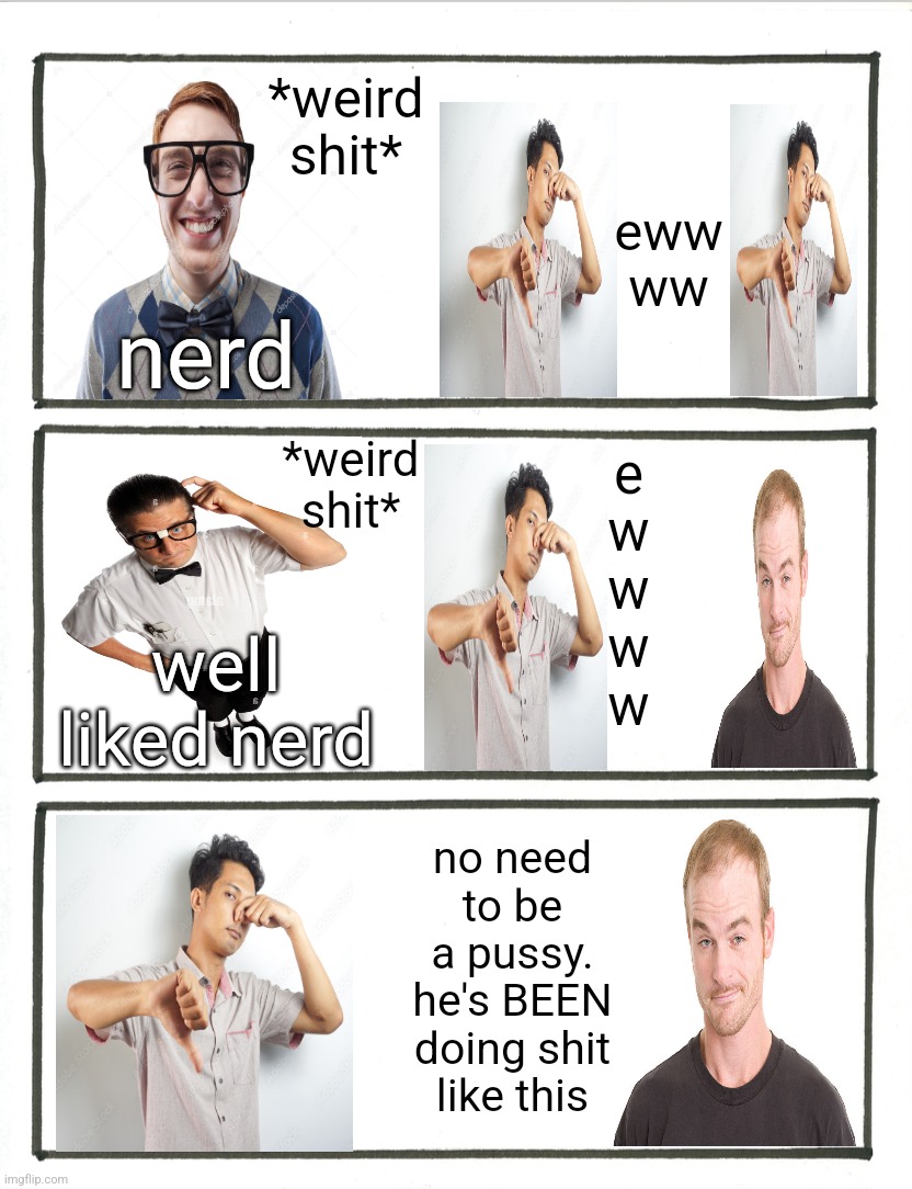 comic | eww
ww; *weird shit*; nerd; *weird shit*; e
w
w
w
w; well liked nerd; no need to be a pussy. he's BEEN doing shit like this | made w/ Imgflip meme maker