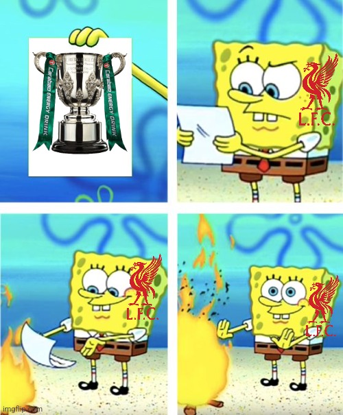 Tottenham-L.F.C. 1:0 at the Carabao semifinals, 1st leg. | image tagged in spongebob burning paper,tottenham,liverpool,footy,spongebob,carabao cup | made w/ Imgflip meme maker