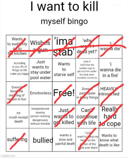 HELL NO I GOT A BINGO IN THE WORST ONE POSSIBLE | image tagged in i want to kill myself bingo | made w/ Imgflip meme maker