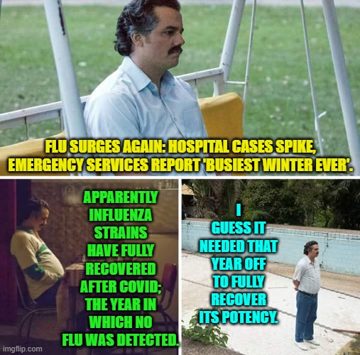 Or, WHY people no longer trust the bought-and-paid-for 'science' or the medical communities | APPARENTLY INFLUENZA STRAINS HAVE FULLY RECOVERED AFTER COVID; THE YEAR IN WHICH NO FLU WAS DETECTED. FLU SURGES AGAIN: HOSPITAL CASES SPIKE, EMERGENCY SERVICES REPORT 'BUSIEST WINTER EVER'. I GUESS IT NEEDED THAT YEAR OFF TO FULLY RECOVER ITS POTENCY. | image tagged in sad pablo escobar | made w/ Imgflip meme maker