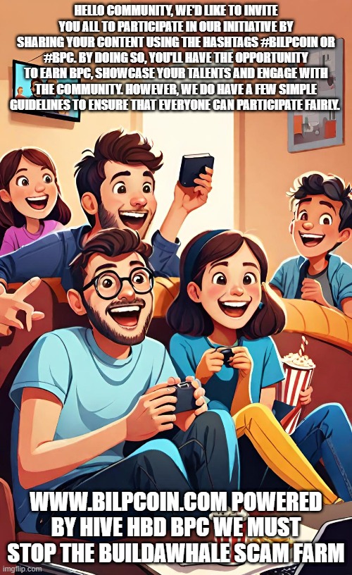 HELLO COMMUNITY, WE'D LIKE TO INVITE YOU ALL TO PARTICIPATE IN OUR INITIATIVE BY SHARING YOUR CONTENT USING THE HASHTAGS #BILPCOIN OR #BPC. BY DOING SO, YOU'LL HAVE THE OPPORTUNITY TO EARN BPC, SHOWCASE YOUR TALENTS AND ENGAGE WITH THE COMMUNITY. HOWEVER, WE DO HAVE A FEW SIMPLE GUIDELINES TO ENSURE THAT EVERYONE CAN PARTICIPATE FAIRLY. WWW.BILPCOIN.COM POWERED BY HIVE HBD BPC WE MUST STOP THE BUILDAWHALE SCAM FARM | made w/ Imgflip meme maker