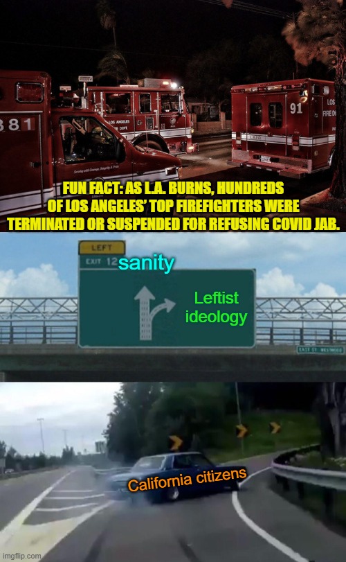 No firefighters buttressed with no water in fire hydrants.  Way to go leftists! | FUN FACT: AS L.A. BURNS, HUNDREDS OF LOS ANGELES’ TOP FIREFIGHTERS WERE TERMINATED OR SUSPENDED FOR REFUSING COVID JAB. sanity; Leftist ideology; California citizens | image tagged in left exit 12 off ramp | made w/ Imgflip meme maker