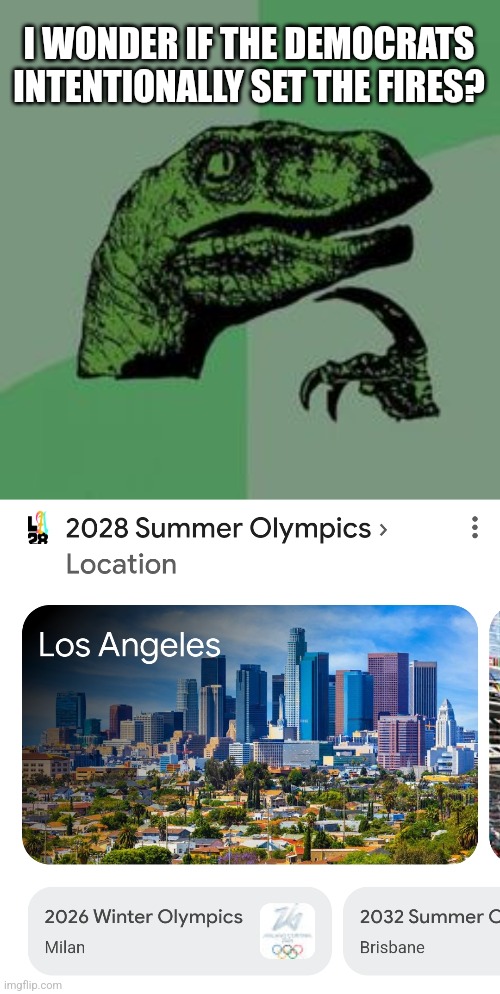I WONDER IF THE DEMOCRATS INTENTIONALLY SET THE FIRES? | image tagged in time raptor,politics | made w/ Imgflip meme maker