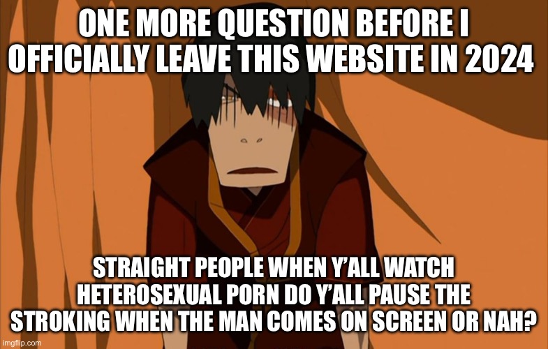 Zuko Flustered | ONE MORE QUESTION BEFORE I OFFICIALLY LEAVE THIS WEBSITE IN 2024; STRAIGHT PEOPLE WHEN Y’ALL WATCH HETEROSEXUAL PORN DO Y’ALL PAUSE THE STROKING WHEN THE MAN COMES ON SCREEN OR NAH? | image tagged in zuko flustered | made w/ Imgflip meme maker