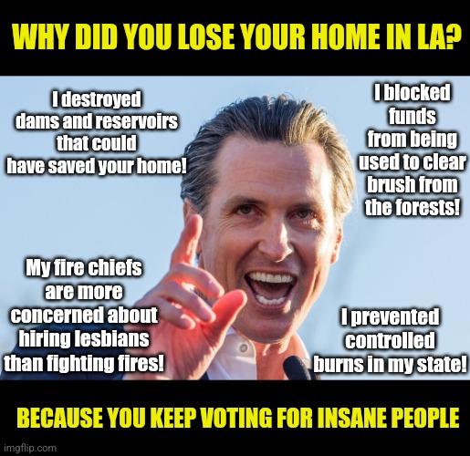 Thanks to California Governor Gavin Newsom, the wildfires came early this year | WHY DID YOU LOSE YOUR HOME IN LA? I blocked funds from being used to clear brush from the forests! I destroyed dams and reservoirs that could have saved your home! My fire chiefs are more concerned about hiring lesbians than fighting fires! I prevented controlled burns in my state! BECAUSE YOU KEEP VOTING FOR INSANE PEOPLE | image tagged in insane idiot gavin newsom,stupid people,liberal logic,liberal hypocrisy,biased media | made w/ Imgflip meme maker