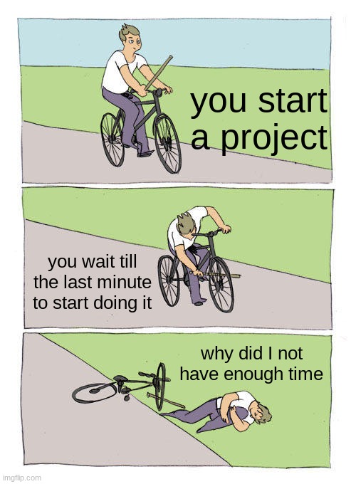 free Joppiesaus | you start a project; you wait till the last minute to start doing it; why did I not have enough time | image tagged in memes,bike fall | made w/ Imgflip meme maker