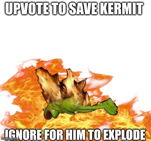 Kermit in teh fire | UPVOTE TO SAVE KERMIT; IGNORE FOR HIM TO EXPLODE | image tagged in blank white template,kermit the frog | made w/ Imgflip meme maker