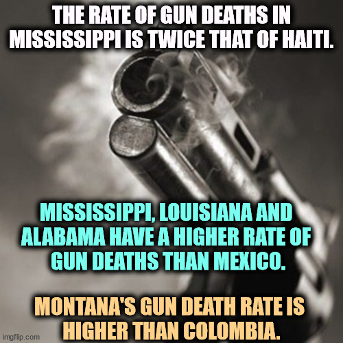 The Second Amendment is turning us into a sh*thole country. | THE RATE OF GUN DEATHS IN MISSISSIPPI IS TWICE THAT OF HAITI. MISSISSIPPI, LOUISIANA AND 
ALABAMA HAVE A HIGHER RATE OF 
GUN DEATHS THAN MEXICO. MONTANA'S GUN DEATH RATE IS 
HIGHER THAN COLOMBIA. | image tagged in donald trump's very own smoking gun,second amendment,guns,haiti,mexico,colombia | made w/ Imgflip meme maker