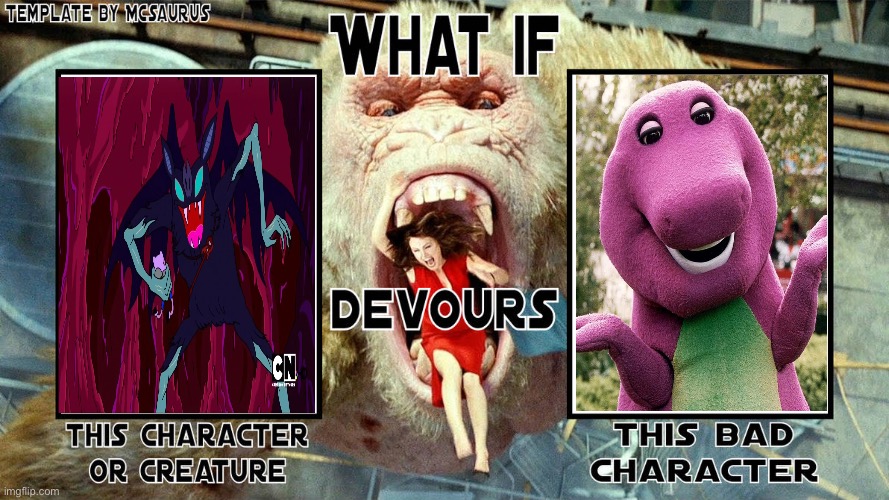 What if Bat Marceline devours Barney? | image tagged in devours,adventure time,barney the dinosaur | made w/ Imgflip meme maker