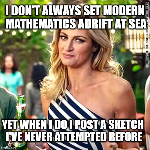 I began to make a poem of a proof and thought better. | I DON'T ALWAYS SET MODERN
 MATHEMATICS ADRIFT AT SEA; YET WHEN I DO I POST A SKETCH
 I'VE NEVER ATTEMPTED BEFORE | image tagged in most interesting woman in the world | made w/ Imgflip meme maker