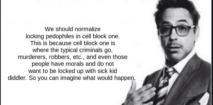 Iron man stuff | We should normalize locking pedophiles in cell block one. This is because cell block one is where the typical criminals go, murderers, robbers, etc., and even those people have morals and do not want to be locked up with sick kid diddler. So you can imagine what would happen. | image tagged in iron man stuff | made w/ Imgflip meme maker