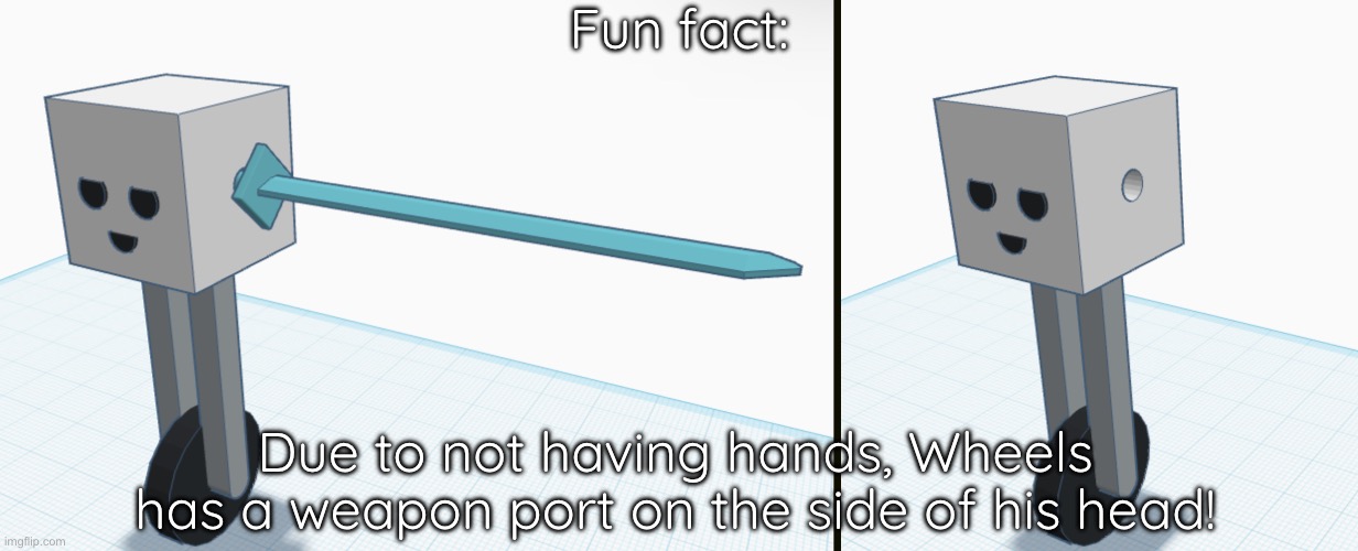 Random fact fr: | Fun fact:; Due to not having hands, Wheels has a weapon port on the side of his head! | made w/ Imgflip meme maker