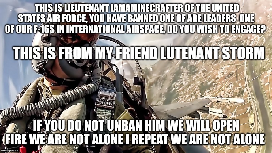 This is from my friend lutenant storm i have nothing to do with this | THIS IS FROM MY FRIEND LUTENANT STORM | image tagged in jet fighter pilot | made w/ Imgflip meme maker