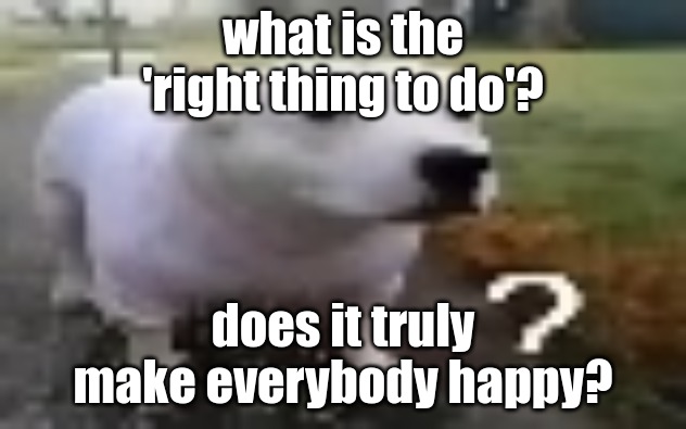 huh | what is the 'right thing to do'? does it truly make everybody happy? | image tagged in huh | made w/ Imgflip meme maker