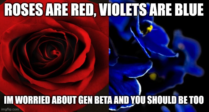 *gulps* | ROSES ARE RED, VIOLETS ARE BLUE; IM WORRIED ABOUT GEN BETA AND YOU SHOULD BE TOO | image tagged in roses are red violets are are blue | made w/ Imgflip meme maker