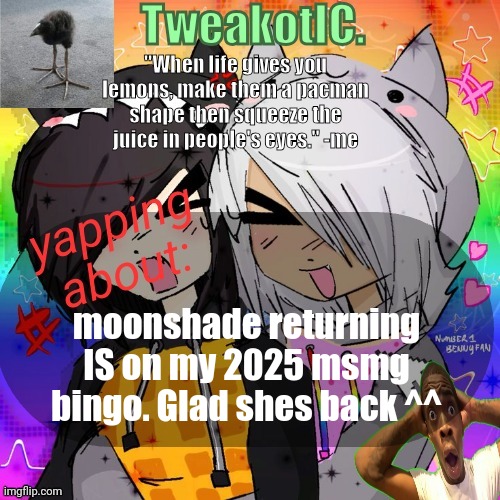 smores 14th announcement temp | moonshade returning IS on my 2025 msmg bingo. Glad shes back ^^ | image tagged in smores 14th announcement temp | made w/ Imgflip meme maker