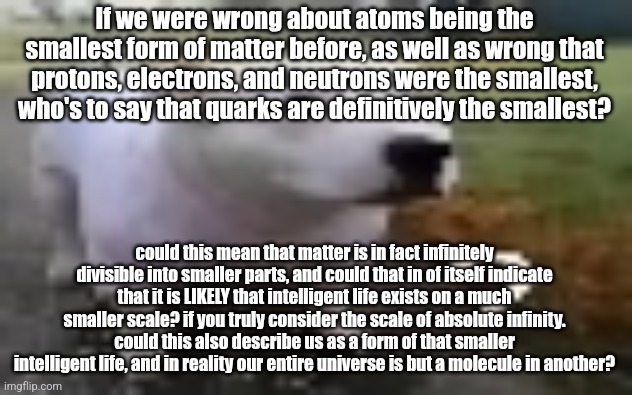 huh | If we were wrong about atoms being the smallest form of matter before, as well as wrong that protons, electrons, and neutrons were the smallest, who's to say that quarks are definitively the smallest? could this mean that matter is in fact infinitely divisible into smaller parts, and could that in of itself indicate that it is LIKELY that intelligent life exists on a much smaller scale? if you truly consider the scale of absolute infinity. could this also describe us as a form of that smaller intelligent life, and in reality our entire universe is but a molecule in another? | image tagged in huh | made w/ Imgflip meme maker