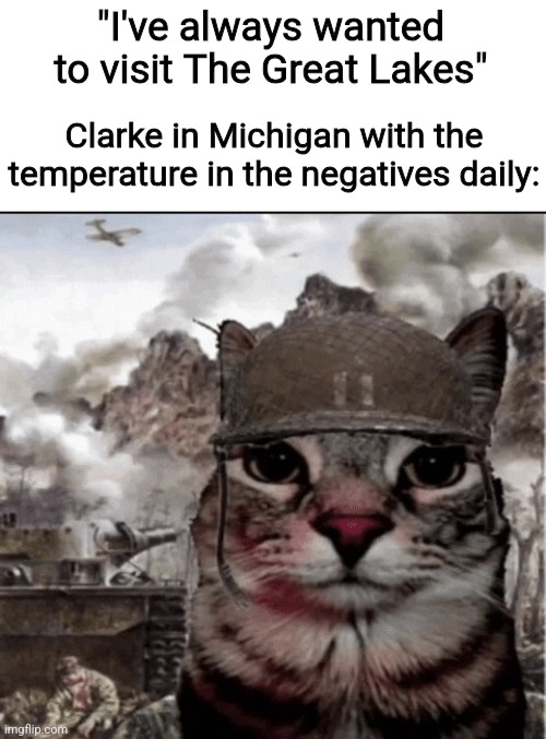 Thousand yard stare cat | "I've always wanted to visit The Great Lakes"; Clarke in Michigan with the temperature in the negatives daily: | image tagged in thousand yard stare cat | made w/ Imgflip meme maker