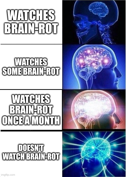 Brain Rot No | WATCHES BRAIN-ROT; WATCHES SOME BRAIN-ROT; WATCHES BRAIN-ROT ONCE A MONTH; DOESN'T WATCH BRAIN-ROT | image tagged in memes,expanding brain | made w/ Imgflip meme maker